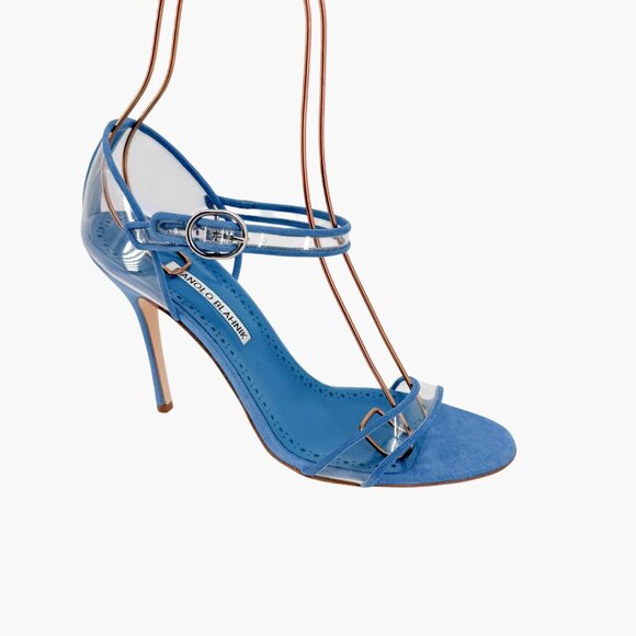 Manolo Blahnik Fersen PVC Sandals Size 40 US 10 Blue Suede High Heels Clear 105 - Picture 10 of 15